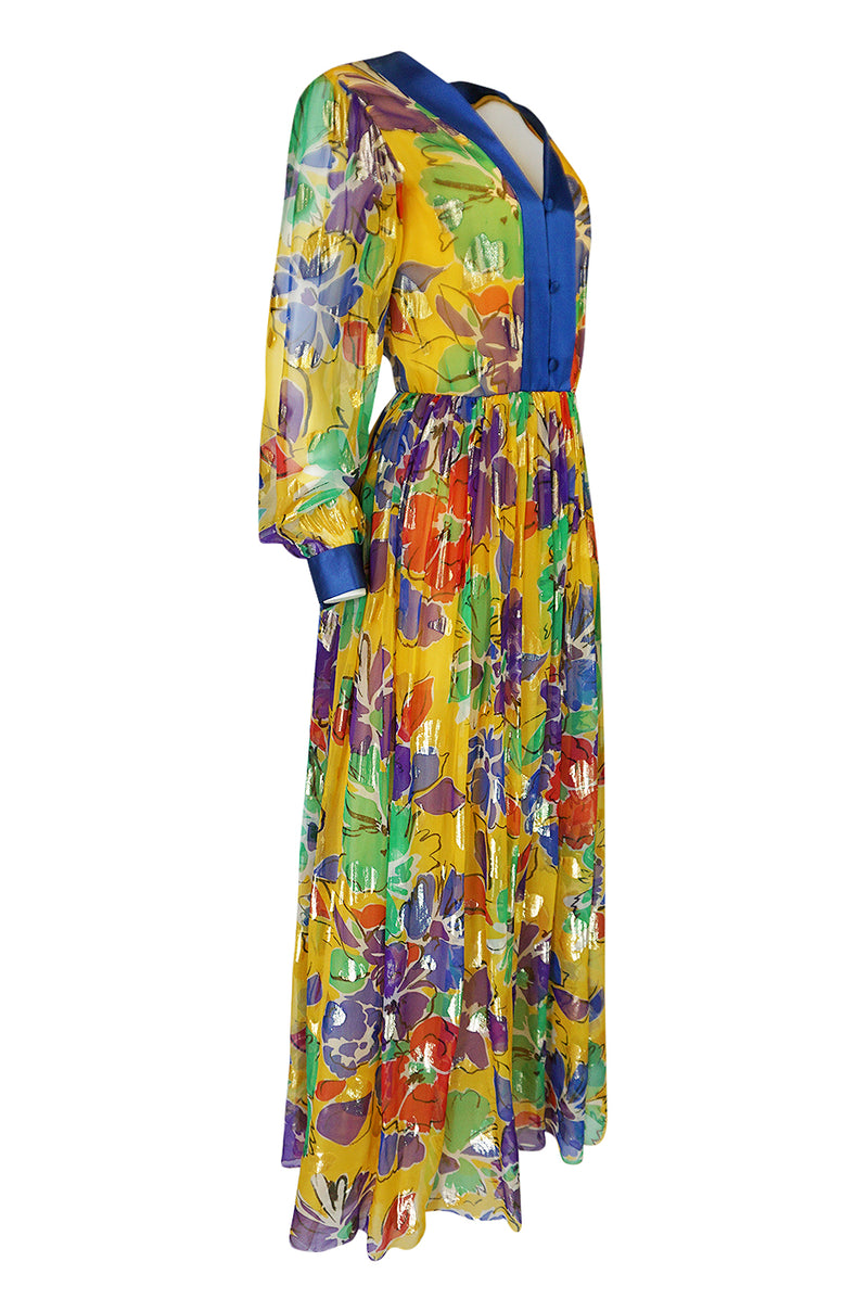 1970s Givenchy Silk Chiffon Floral & Metallic Heart Print Dress