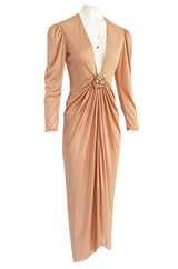 1981 Bill Tice Peach Nylon Jersey Long Sleeve Deep Plunge Dress w Gold Lame Flower & Trim