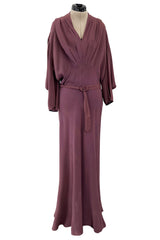 Unusual 1930s Avant Garde Mauve Moss Crepe Dress w Hand Beaded Sleeve Detailings