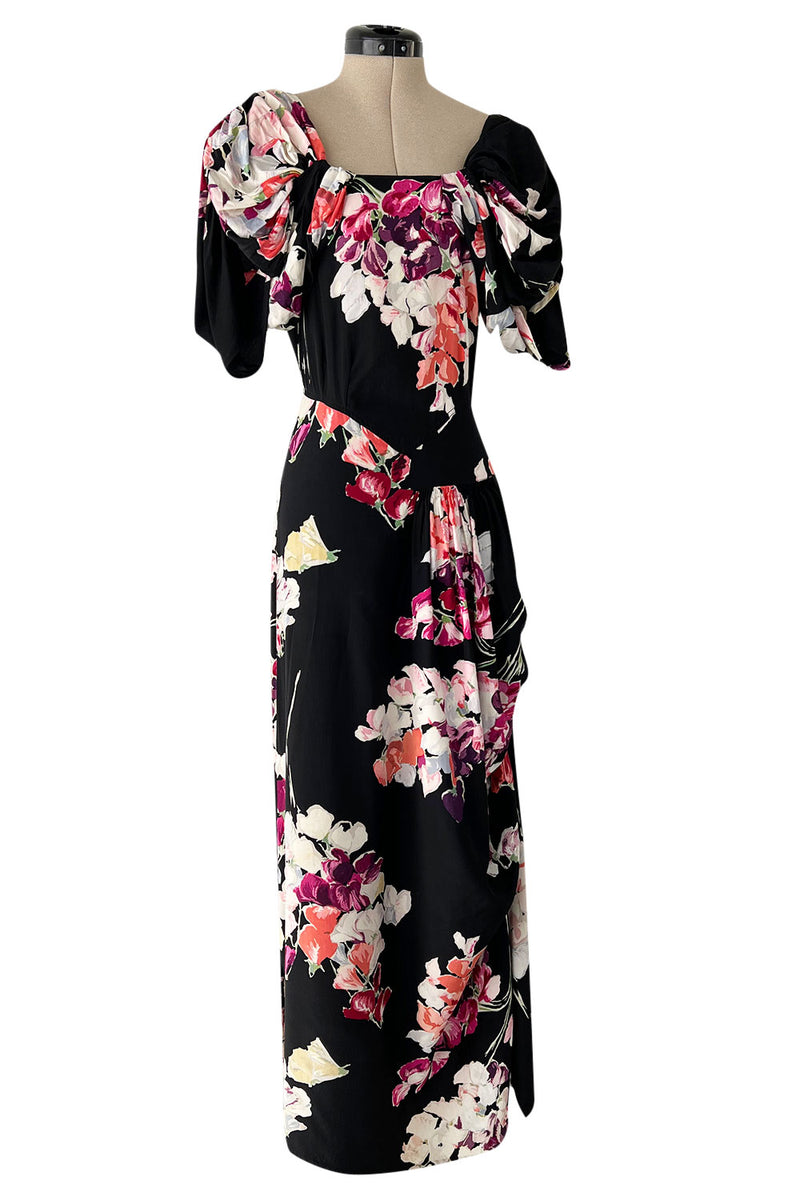 Stunning 1930s Unlabeled Black Silk Crepe Dress w Brilliant Pink & Coral Floral Print
