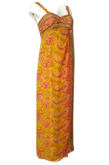 1960s Unlabeled Pink & Gold Sequin Detail Sari Inspired Silk Print Dress