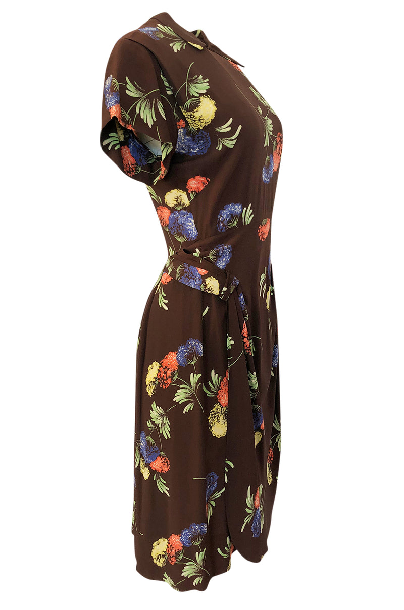 1940s Unlabeled Spectacular Floral Printed Brown Silk Swing Dress