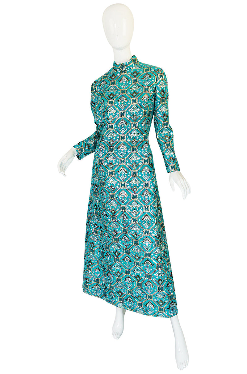 1970s Turquoise & Metallic Ikat Brocade Mollie Parnis Dress