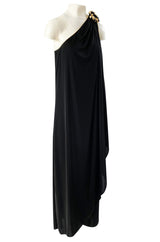 1981 Bill Tice Black One Shoulder Jersey Dress w Gold Lame Flower Detailing