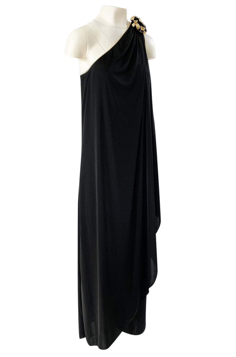 1981 Bill Tice Black One Shoulder Jersey Dress w Gold Lame Flower Detailing
