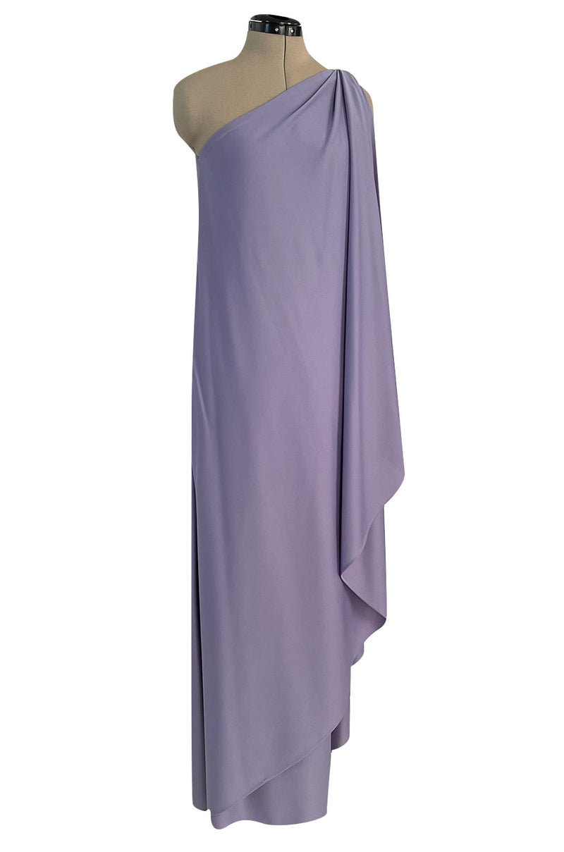 Classic 1978 Halston One Shoulder Draped Pastel Purple Jersey Full Length Maxi Dress