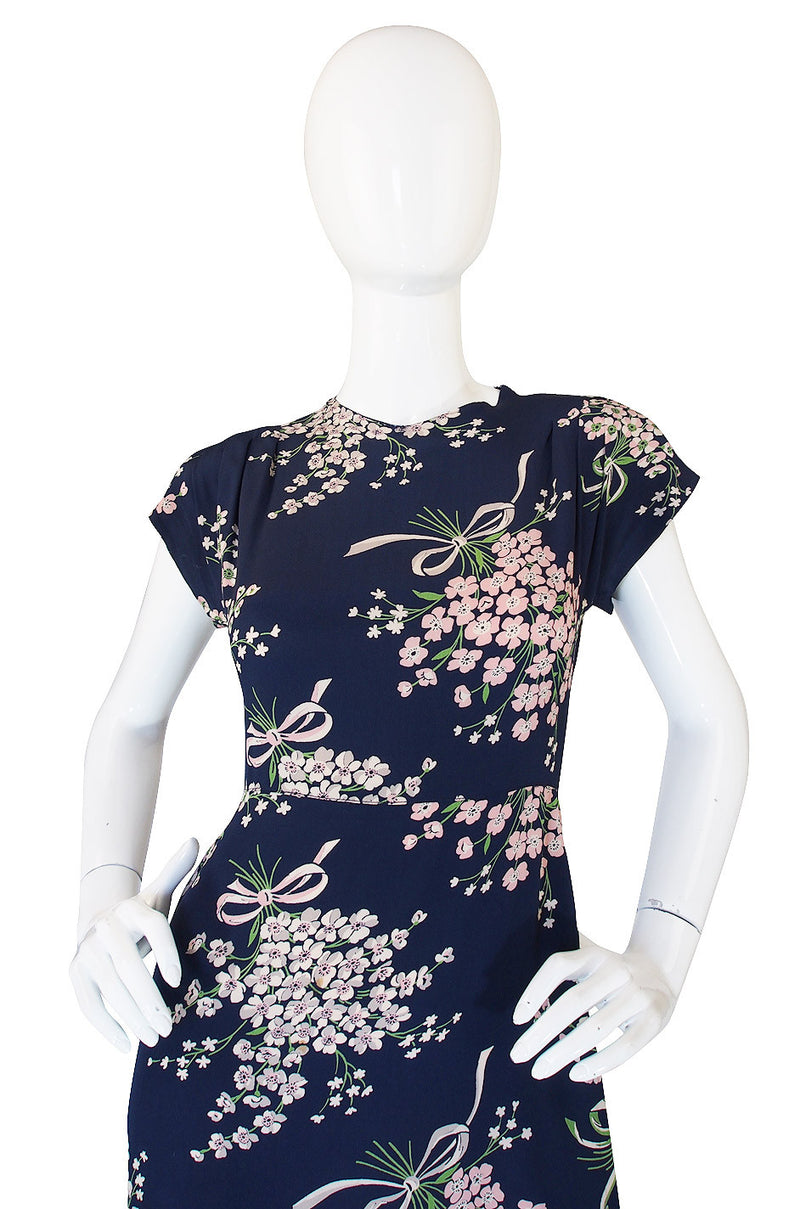1940s Amazing Blue Floral Swing Dress