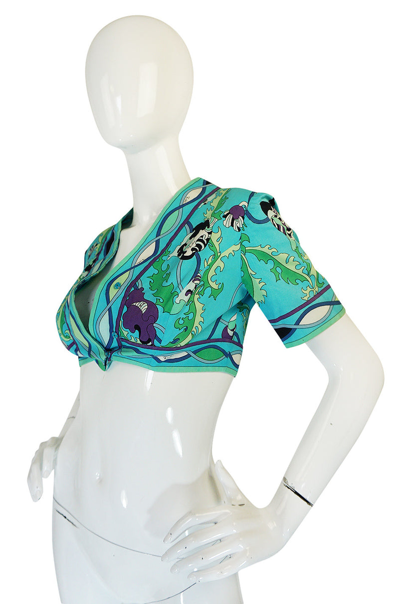 1960s Turquoise Print Cotton Emilio Pucci Cropped Top