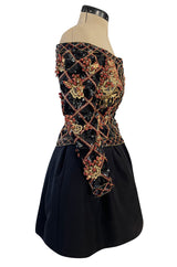 Elaborate 1987 John Anthony Couture Off Shoulder Mini Dress w Sequin Beading & Rosettes