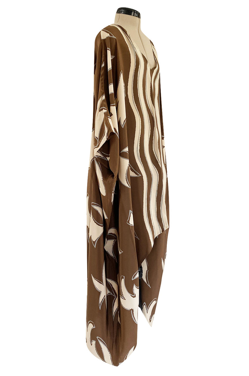 1980s Bill Blass Wavy Stripe & Abstract Print Pattern Soft Brown & Creamy Taupe Silk Caftan Dress