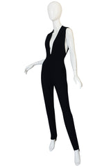 1980s Donna Karan Plunging Stretch Stirrup Pant Jumpsuit