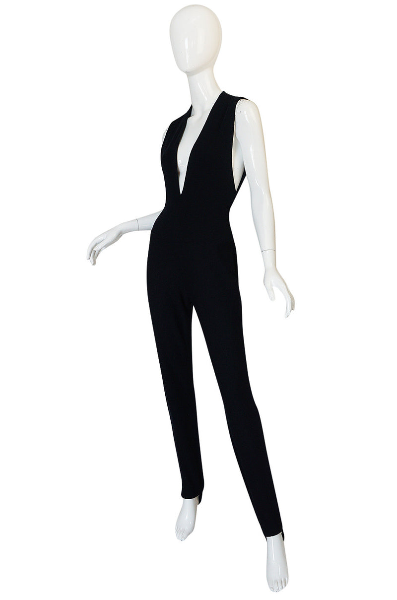 1980s Donna Karan Plunging Stretch Stirrup Pant Jumpsuit
