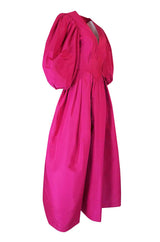 1980s Pauline Trigere Balloon Sleeve Pink Silk Taffeta Dress