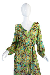1970s Green & Gold Metallic Silk Adele Simpson Dress