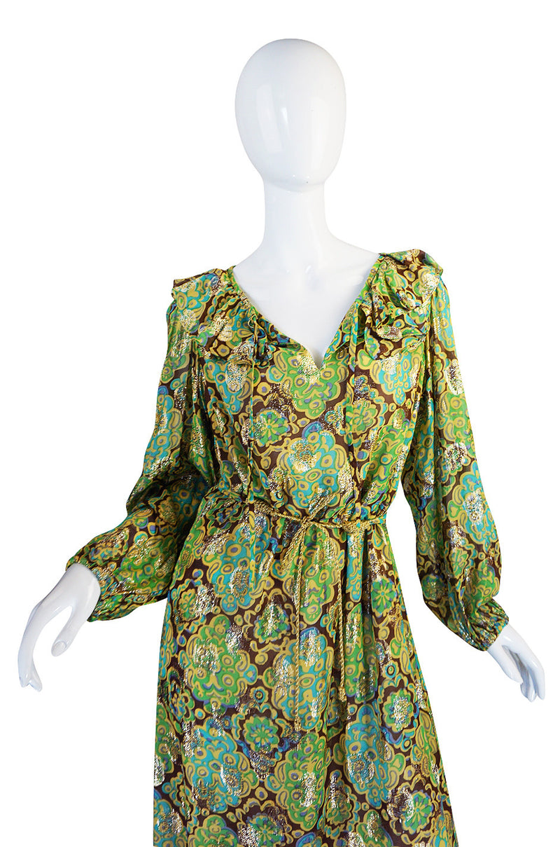 1970s Green & Gold Metallic Silk Adele Simpson Dress