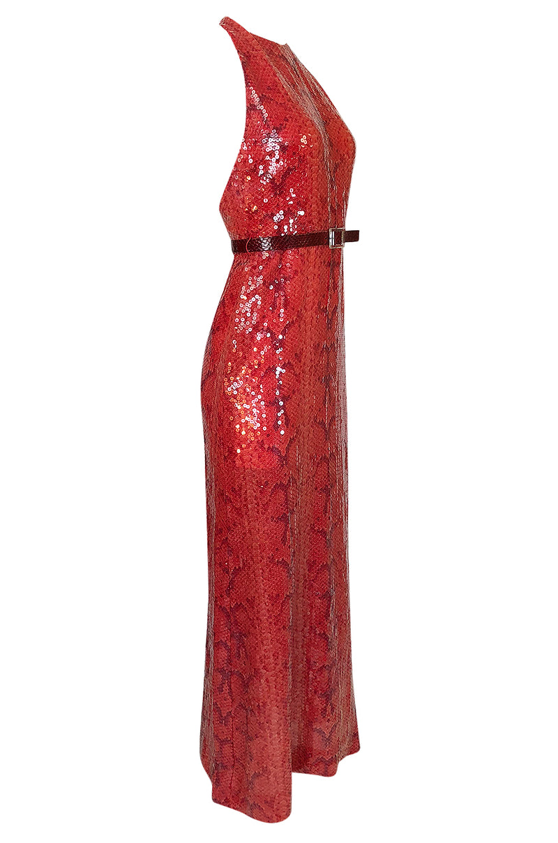 Documented 1974 Bill Blass Red Sequin Snakeskin Print Halter Dress