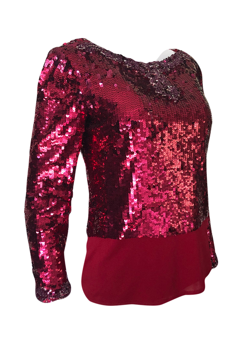 1980s Bill Blass Couture Red Sequin & Bead Deep Low V Back Top