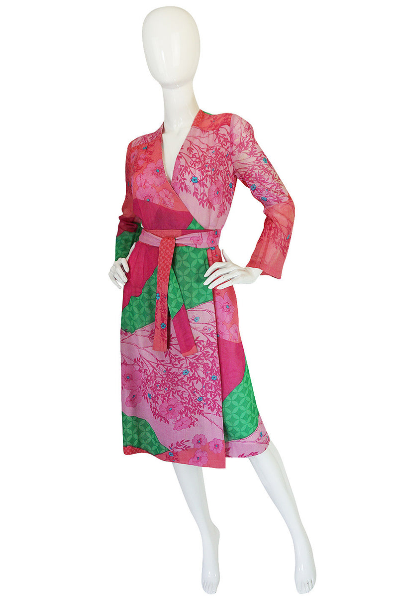 1970s Pink Print Cotton Voile Hanae Mori Wrap Dress