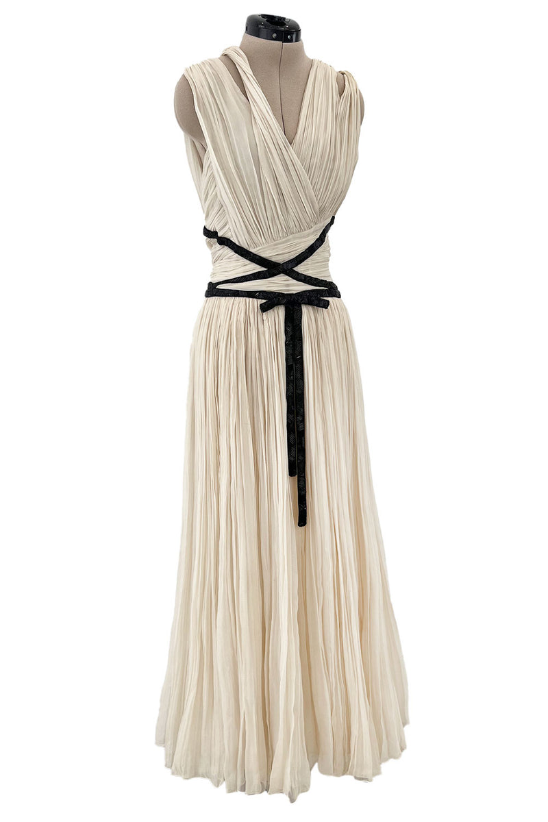 Spring 2012 Christian Dior Runway Ivory Silk Chiffon Dress w Black Beaded Bow Detail