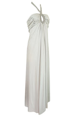 1970s Victoria Royal Pale Grey Jersey Dress w Jeweled Ring Collar
