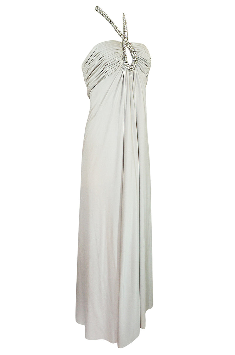 1970s Victoria Royal Pale Grey Jersey Dress w Jeweled Ring Collar