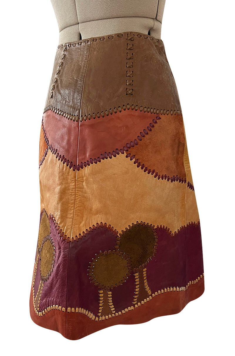 Extraordinary 1960s Char Hand Made Leather & Suede Wrap Scenic Patchwork Skirt