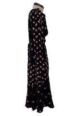 Wonderful 1971 Ossie Clark Moss Crepe Dress w Celia Birtwell Moon & Star Embroidery