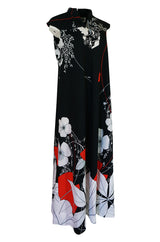1970s Malama Hawaii  Bright Red Floral Jersey Black Dress