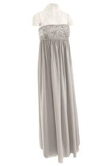 Spring 2006 Reem Acra Pale Grey Silk Chiffon Silver Rhinestone Beaded High Bodice Dress
