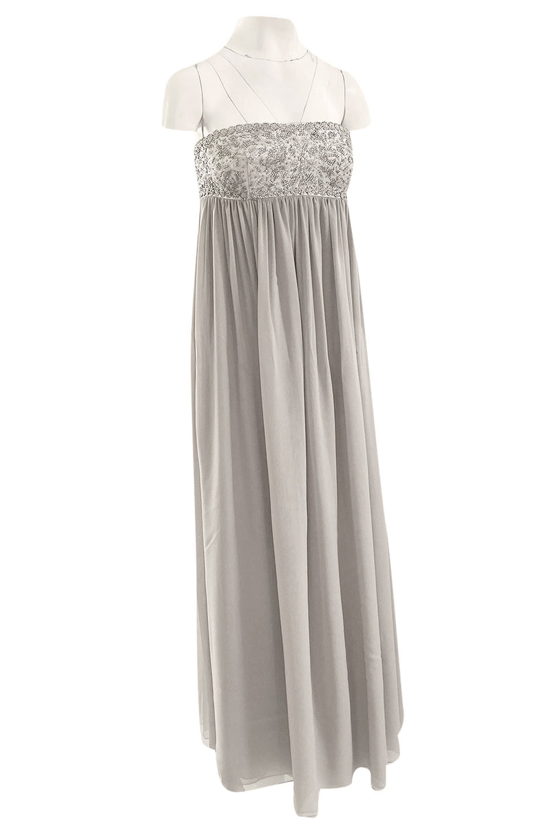 Spring 2006 Reem Acra Pale Grey Silk Chiffon Silver Rhinestone Beaded High Bodice Dress