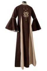 1960s Josefa Hand Embroidered Chocolate & Natural Linen Colour Bell Sleeve Caftan