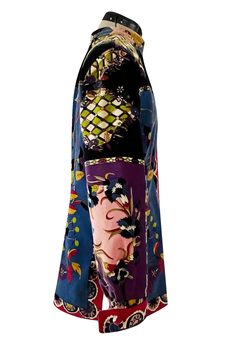 1970s Emilio Pucci Longer Cut Velvet Bright Floral and Medallian Print Jacket