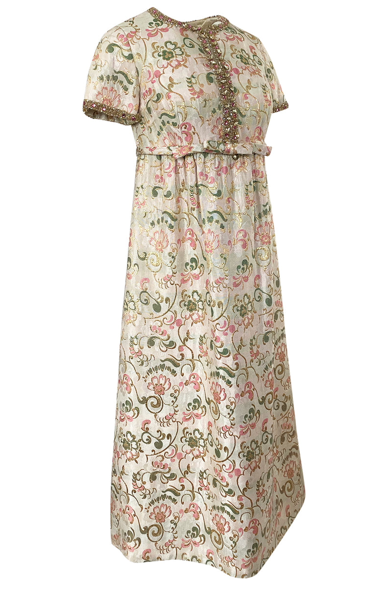 1960s Nat Kaplan Silk Brocade Midi Dress w Elaborate Crystal Detailing