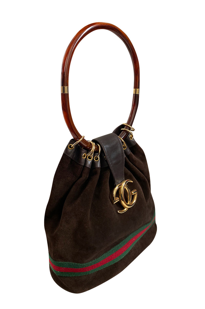 Rare & Original 1970s Gucci Deep Chocolate Suede Bucket Bag w Lucite Handle & Stripes