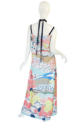 1970s Lanvin Pastel Scenic Printed Jersey Maxi Dress