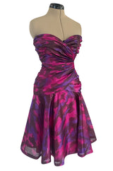 1980s Loris Azzaro Couture Strapless Deep Pink & Purple Printed Silk Mini Dress w Flare Skirt