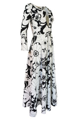 1960s Dynasty Graphic White & Black Floral Print Jersey Jumpsuit