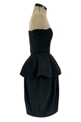 1980s Lanvin by Jules-Francois Crahay Strapless Black Dress w Hip Peplum