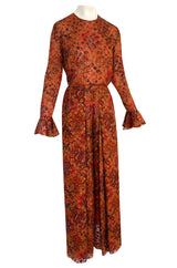 Late 1970s James Galanos Printed Rust & Coral Silk Chiffon Jumpsuit w Extra Wide Slit Pant Legs