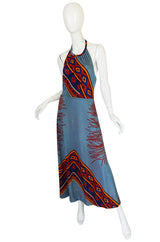 1970s Coral Printed Blue Jersey Halter Maxi Dress