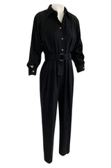 1980s Yves Saint Laurent Black Snap Front Flight Jumpsuit w Slip Belt