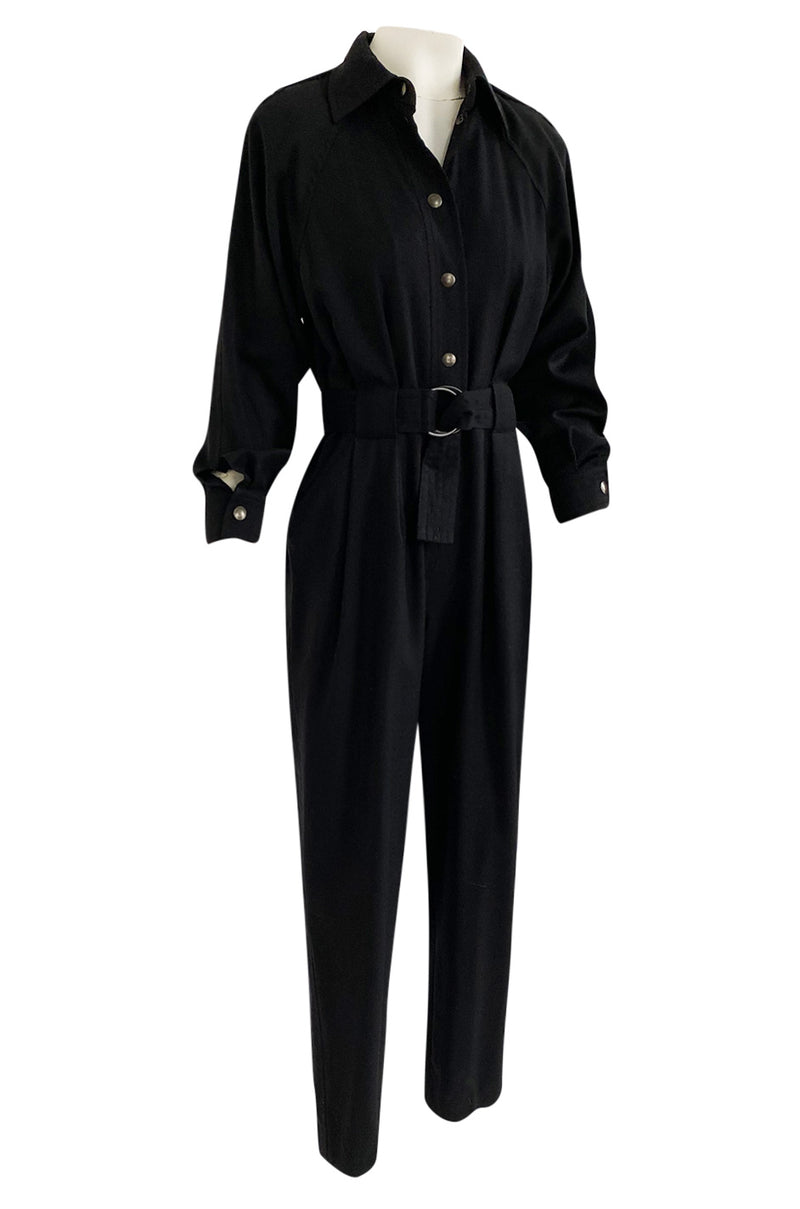 1980s Yves Saint Laurent Black Snap Front Flight Jumpsuit w Slip Belt