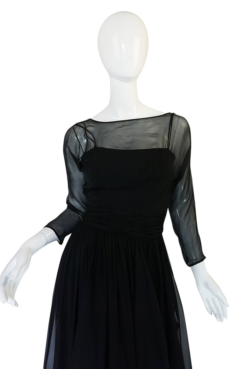 Pretty 1950s Black Silk Chiffon Bullock's Wilshire Dress