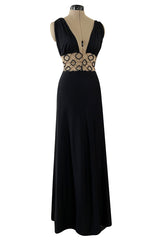 Incredible 1970s Loris Azzaro Open Gold & Black Bead Waist Dress w Halter Top & Bare Back