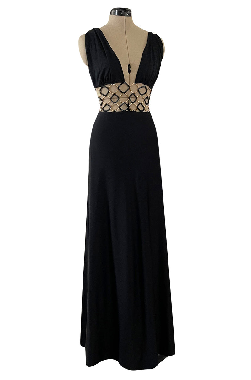 Incredible 1970s Loris Azzaro Open Gold & Black Bead Waist Dress w Halter Top & Bare Back