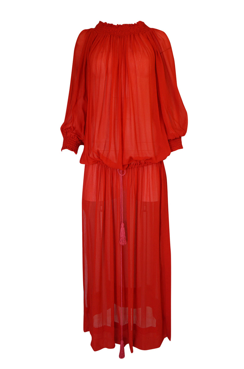 1970s Yves Saint Laurent Red Gauze Multi Length Caftan Dress