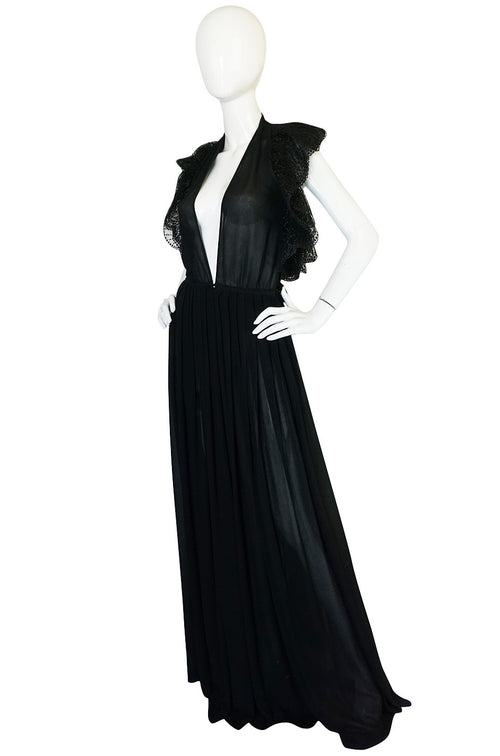 1970s Plunging Silk Chiffon & Lace Couture Galanos Gown