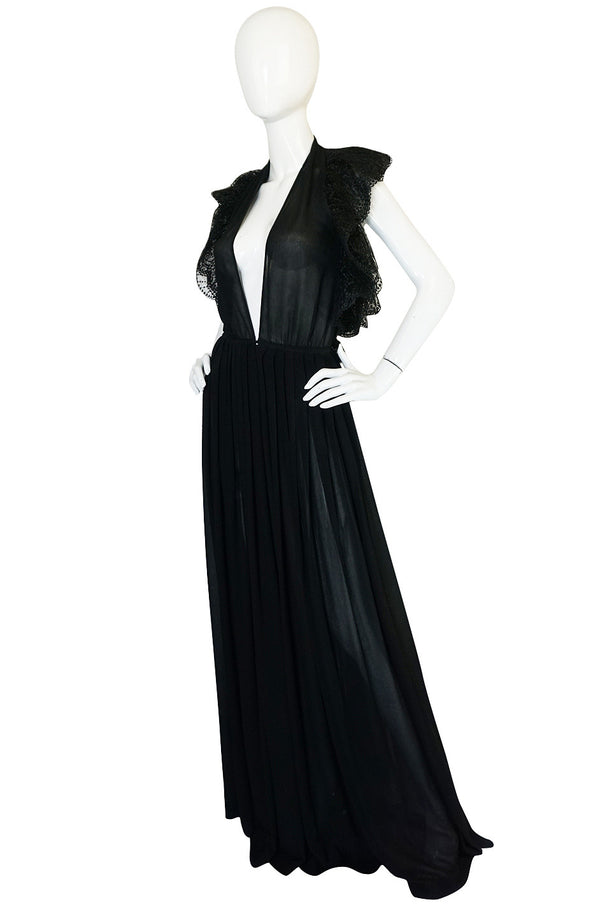 1970s Plunging Silk Chiffon & Lace Couture Galanos Gown