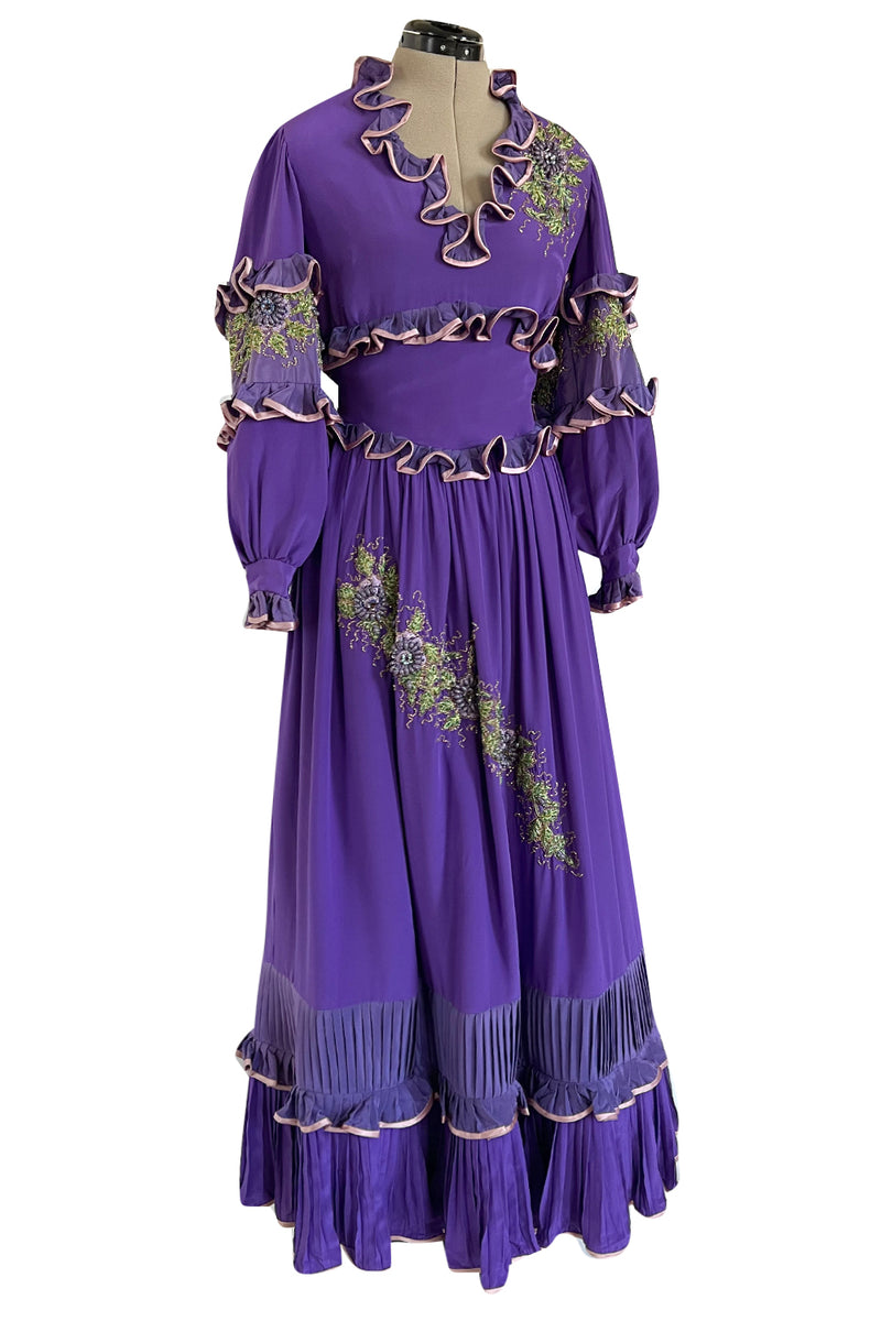 Rare 1960s Tiziani Couture by Karl Lagerfeld Purple Silk Dress w Intricate Hand Beading