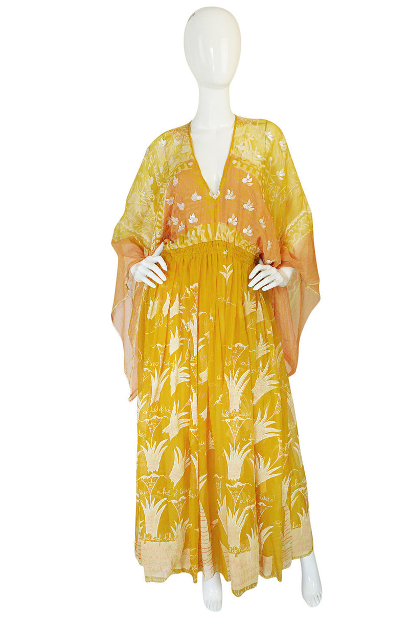 c.1973 Zandra Rhodes "Lilies of the Field" Handpainted Caftan Dress